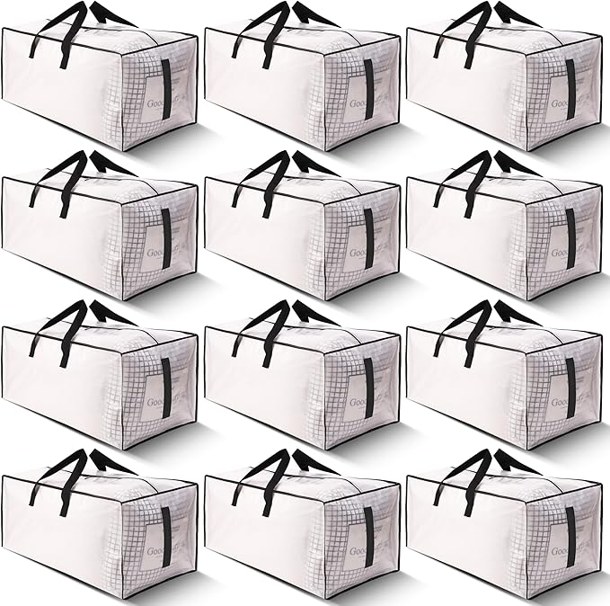 12 Pack Large Strong Moving Bags with Zippers & Carrying Handles - Water-Resistant - Heavy Duty Storage Tote for Space Saving, Fold Flat, Alternative to Moving Box (Semi-Transparent)