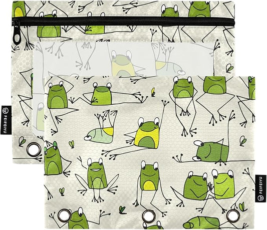 ZAZYXTJ Frog Binder Pencil Pouchs 3 Ring with Zipper Clear Window Office Organizers bag for School Students Teacher Supplies 2 Pack
