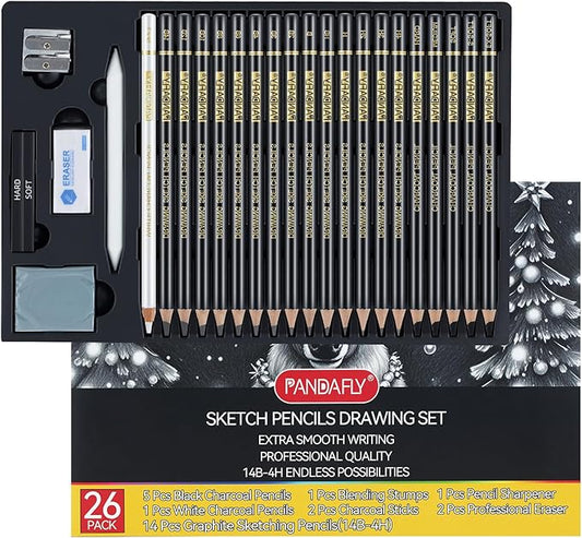 PANDAFLY 26-Piece Professional Sketch Pencil Set - Includes 4H to 14B Graphite Pencils, Charcoal Pencils, Charcoal Sticks, Vinyl Eraser, Kneaded Eraser, Sharpener, Blending Stump