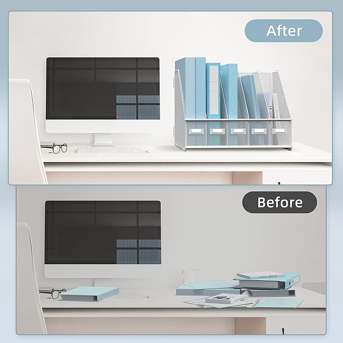 SUPEASY Desk Organizers Metal Desk Magazine File Holder with 5 Vertical Compartments Rack File Organizer for Office Desktop, Home Workspace, White