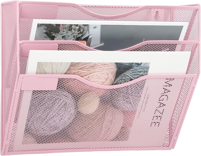 EASEPRES 3 Pocket Mesh Hanging Wall File Organizer, Wall Mounted Mail Paper Document Folder Holder, Clipboard Storage Organization Magazine Rack with Nametag Label for Office Home School, Pink