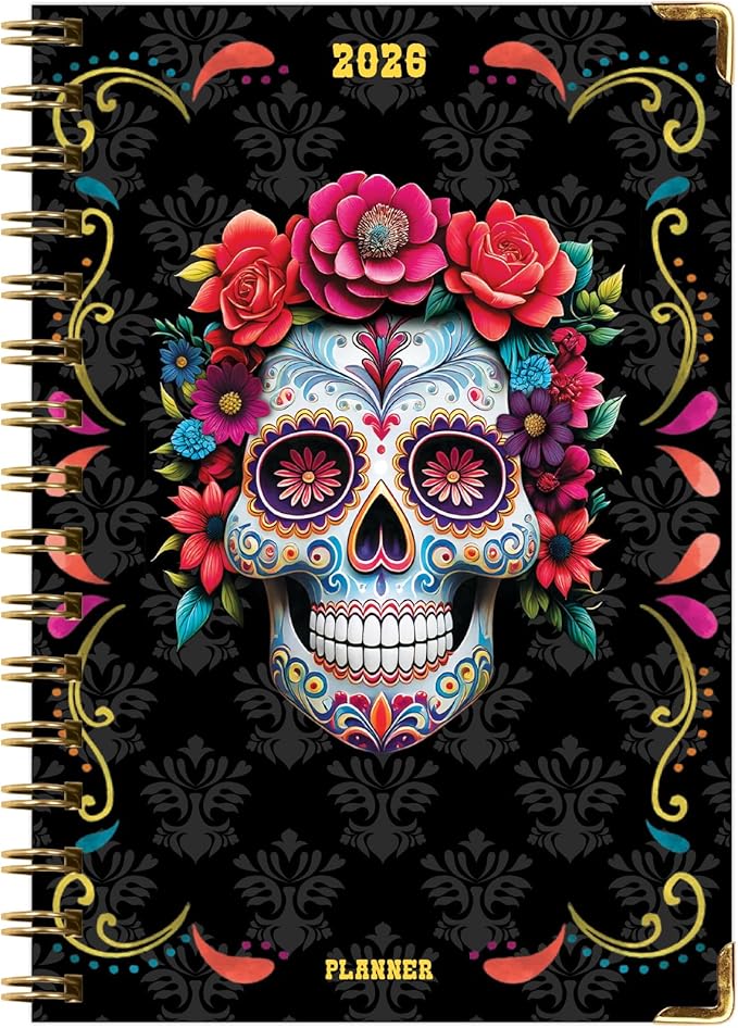 HARDCOVER 2026 Planner, 5.5"x8": 14 Months (November 2025 - December 2026), Daily Weekly Monthly Planner, Yearly Agenda, Bookmark, Pocket Folder and Sticky Note Set (Sugar Skull)