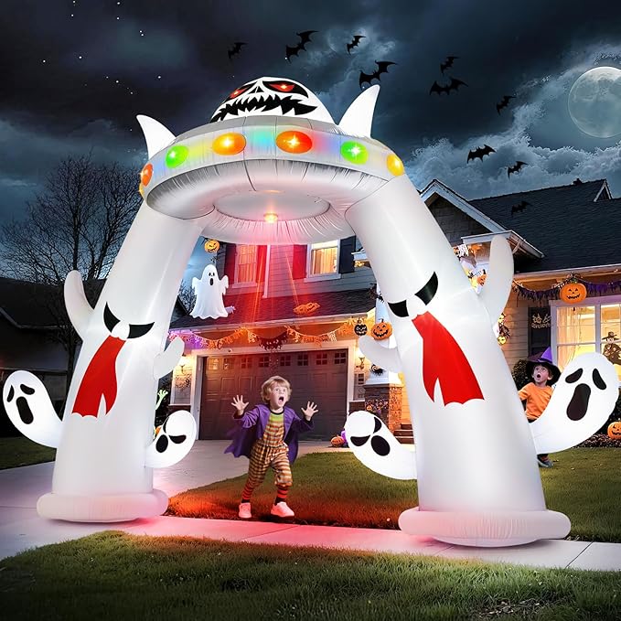 11FT Wide Halloween Inflatable Archway, 2025 Giant Inflatable Arch with Ghosts, Red Flame Light & Flashing Lights & LED Lights Outdoor Halloween Decor for Yard Garden Lawn Holiday Party