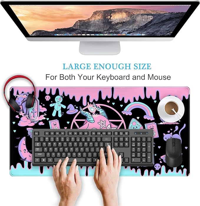 Cute Pastel Goth Desk Mat Kawaii Japanese XXL Extra Large Extended Desk Pad Gaming Mouse Pad, Anime Computer Laptop Mat Keyboard and Mouse Mat for Women Office Desk Decor Gamer Gift 31.5"x15.75"