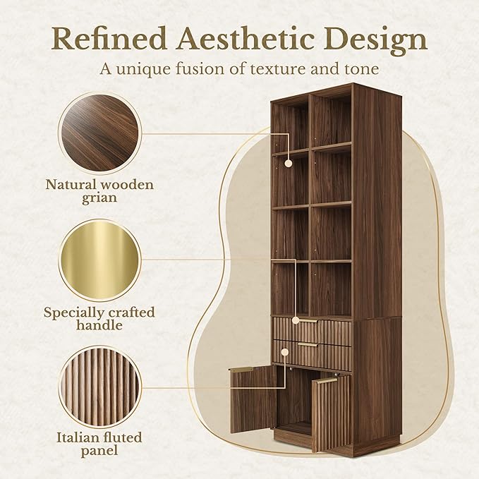 Bookshelf, Bookcase with Doors and 2 Drawers, Fluted Tall Bookshelf with 4-Tier Storage Shelves, 73 inch Wooden Book Shelf for Home Office, Living Room, Black Walnut