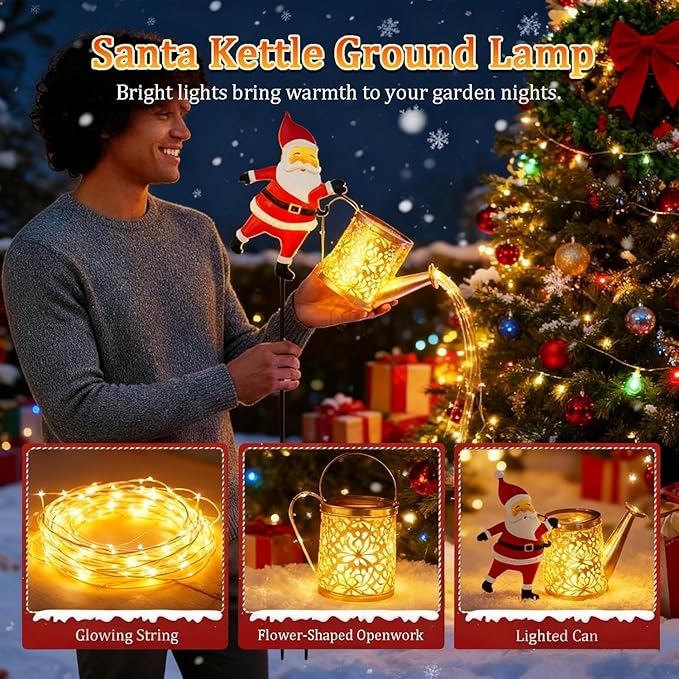 Solar Christmas Lights Outdoor, Waterproof Hanging Metal Watering Can Light Solar Christmas Decorations, Santa Solar Kettle Lights Holiday Displays for Garden Patio Path Yard Lawn