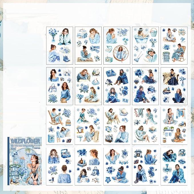 TIAMECH Fog Wildflower Poem Sticker Book - Blue Girl Series, 20 Sheets PET & Washi Stickers for Scrapbooking, Ephemera, Waterproof Junk Journaling Supplies & DIY Crafts