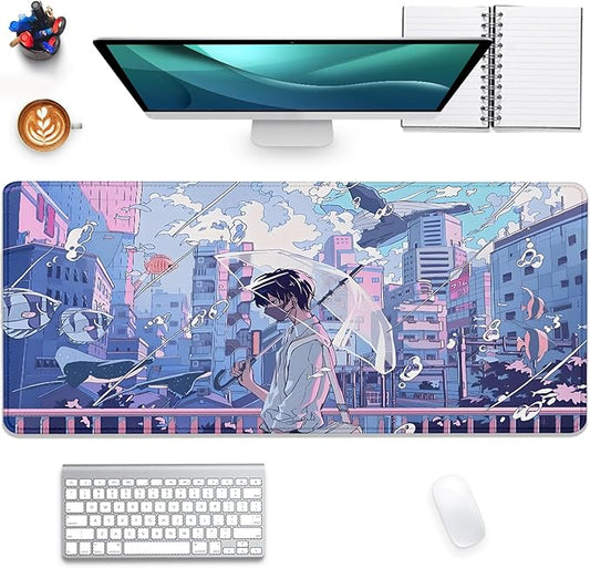 Japanese Fantasy City Boy Mouse Pad Desk Pad,Cute Kawaii Anime Mousepad,Large Extended Gaming Mouse Mat with Stitched Edges Non-Slip Waterproof Rubber Base Mous Mat for Desk Pad(27.5X11.8 in)