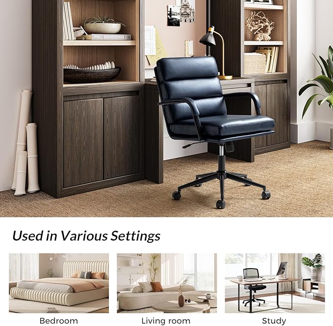 HULALA HOME Modern Faux Leather Home Office Chair with Tilt Lock & Metal Base, Desk Chair with Wheels & Padded Cushion, 360° Swivel Wide Seat Computer Task Chair, Navy