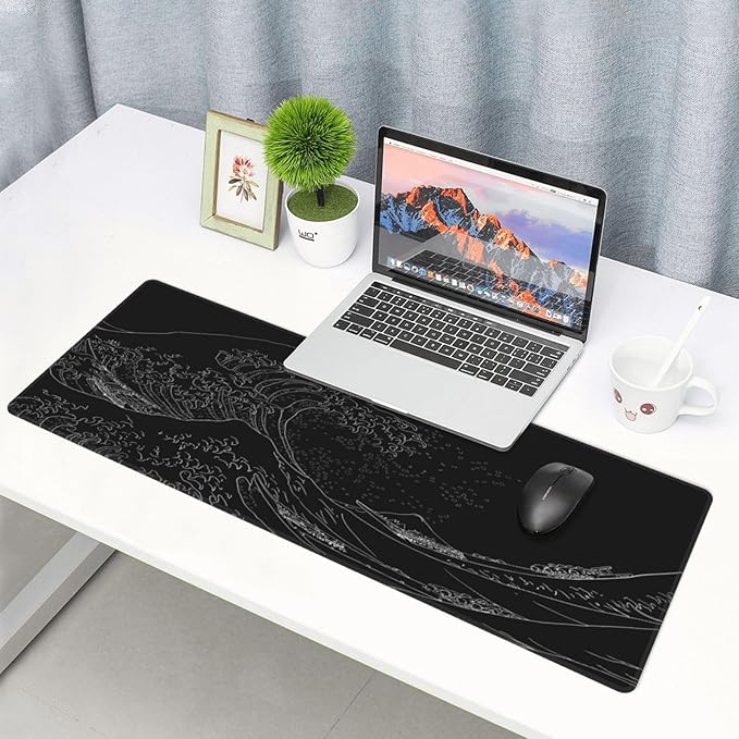 Japanese Sea Wave Large Mouse Pad, Anime Black Gaming, Extended Kanagawa Mat Desk Pad, 3mm Thick Long Non-Slip Rubber Base Mice Pad, 31.5 X 11.8 Inch