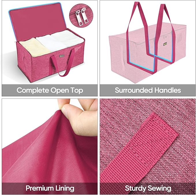 BALEINE Extra Large Storage Tote with Zippers & Carrying Handles, Heavy-Duty Oxford Fabric Moving Bags for Laundry, Space Saving, Storage, Berry Red