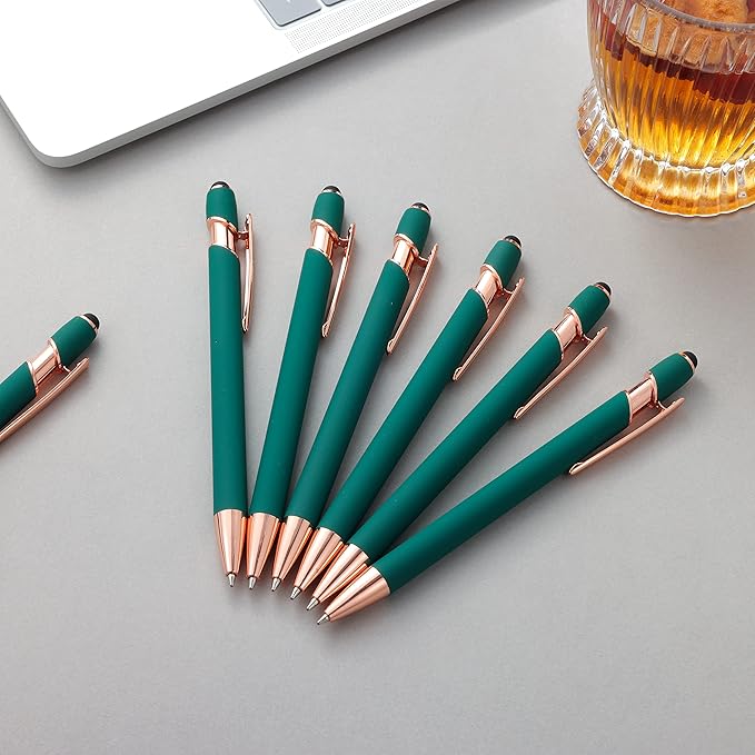 12 PCS 2 in 1 Stylus Ballpoint Pen with Stylus Tip, 1.0 mm Black Ink Metal Pen Stylus Pen for Touch Screens (Rose Gold & Green)