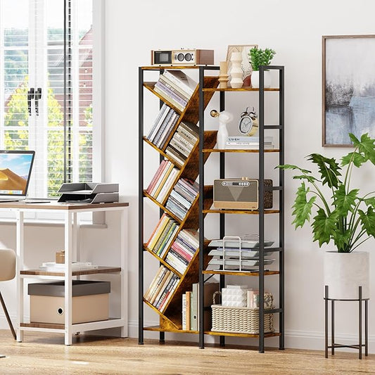 5-Tier Double Wide Bookshelf 67" , Industrial Tree BookShelves, Vintage Storage Rack with 14 Open Shelves, Large Bookcase, Wooden and Metal Bookshelves, Wide Display Rack for Home Office Decorative