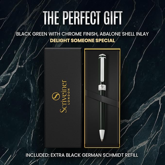 Scriveiner BlackGreen Ballpoint Pen - Black Green Luxury Pen, Chrome Finish, Schmidt Black Refill, Best Ball Pen Gift Set for Men & Women, Professional Executive Office, Nice Designer Pen