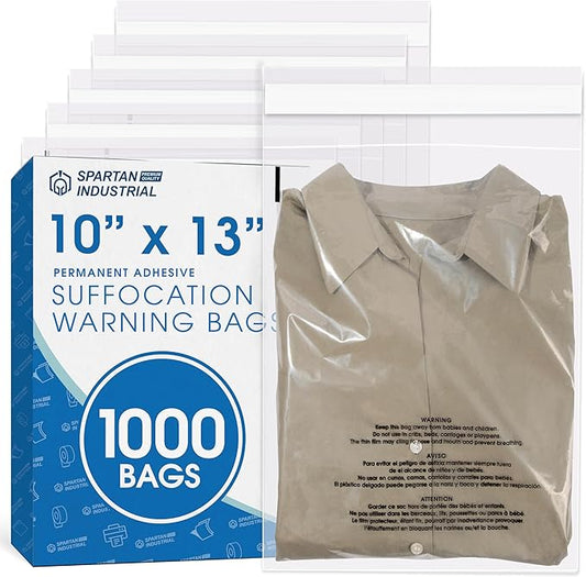 Spartan Industrial - 10" X 13" (1000 Count) Self Seal Clear Poly Bags with Suffocation Warning for Packaging, T Shirts & Shipping - Permanent Adhesive