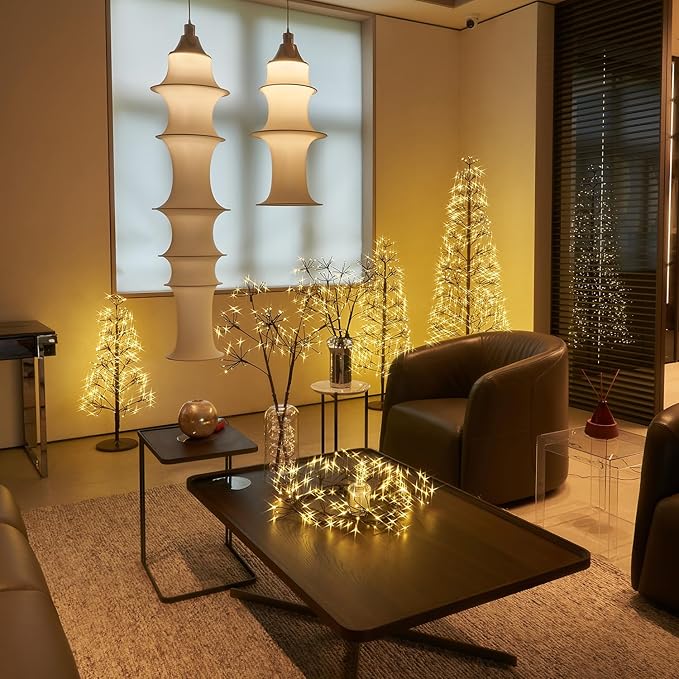 Hairui Lighted Brown Starburst Garland with Timer and Dimmer 6FT 160 LED Fairy Lights Plug in, Twig Vine with Lights for Christmas Fireplace Mantle Table Decoration Indoor Outdoor