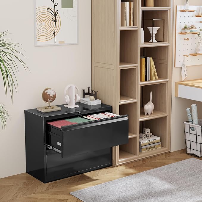 INTERGREAT Lateral File Cabinet 2 Drawer, Black Metal File Cabinets for Home Office, Locking File Cabinet for Letter/Legal/F4/A4 Size Hanging Files, Easy Assembly