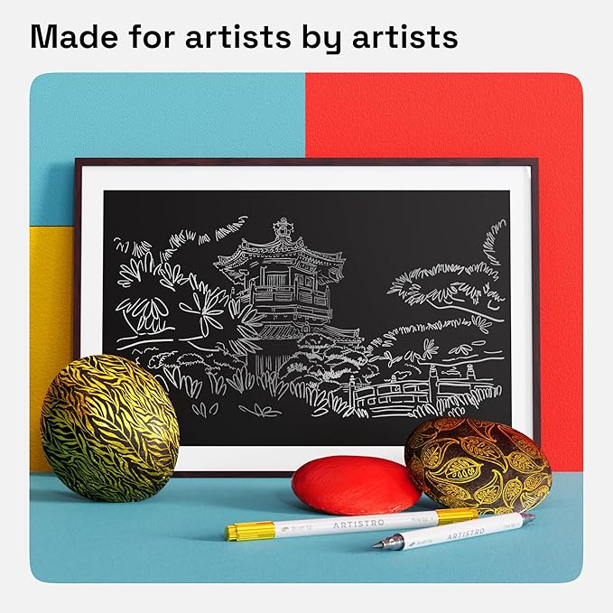 ARTISTRO 2 Silver&Gold Dual-Tip Acrylic Paint Pens - Multisurface Markers for Fabric, Plastic, & More, 1 mm Fine & Brush Tips