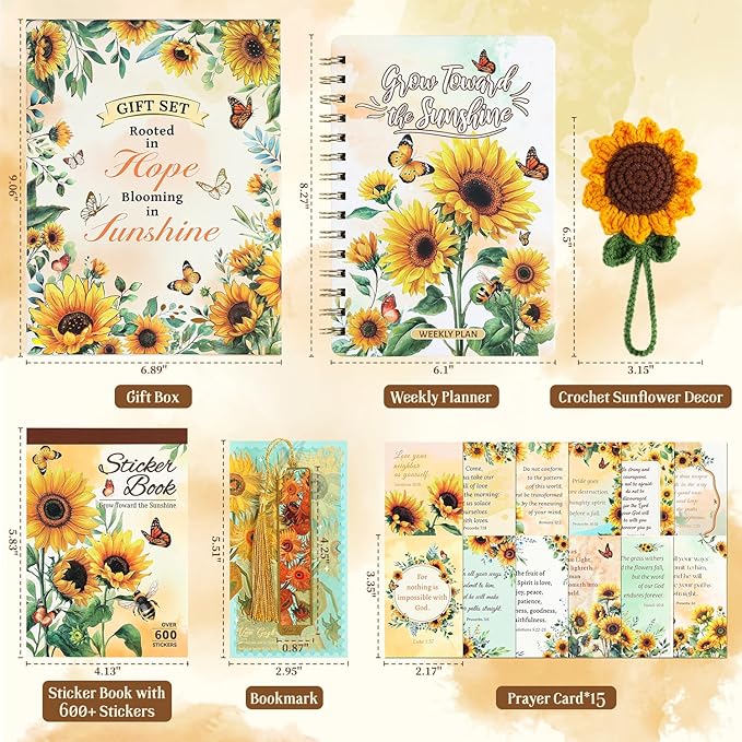 Sunflower Gift Set for Women - 25 Sheets Planner Stickers 600+ Stickers, Weekly Prayer Journal, Crochet Keychain, Metal Bookmark, 30 Prayer Cards, Gift for Women Teens, Christian Gifts, Birthday Gifts