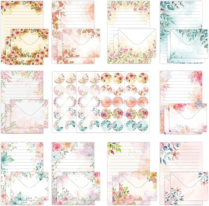 160 Packs Stationery Paper and Envelopes Set 10 Different Designs, 50 One Sided Stationery Writing Papers with 50 Matching Envelopes and 60 Round Dot Sticker, 5.5 x 8.25 Inch (Flower)