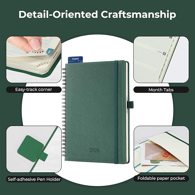 Planner 2026 Daily Weekly and Monthly,8.5"x6.5",12 Months Spiral Bound Calendar Agenda with Self-adhesive Pen Holder,2026 Appointment Book with Vegan Leather Soft Cover,Green