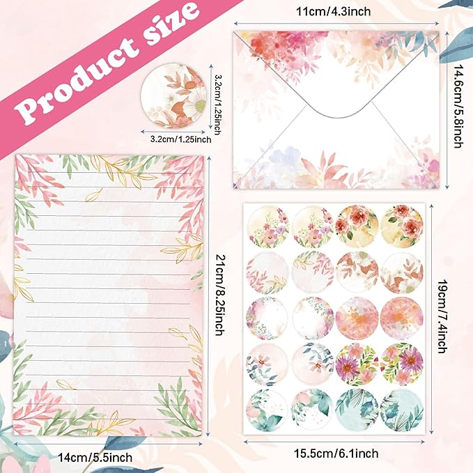 160 Packs Stationery Paper and Envelopes Set 10 Different Designs, 50 One Sided Stationery Writing Papers with 50 Matching Envelopes and 60 Round Dot Sticker, 5.5 x 8.25 Inch (Flower)