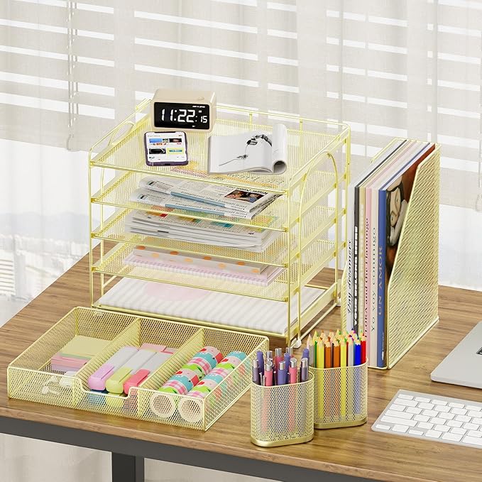 Desk Organizers and Accessories, 5-Tier Paper File Organizer with Drawer & Pen Holder, Office Desk Accessories Workspace Desktop Organizer for Office Supplies(Gold)