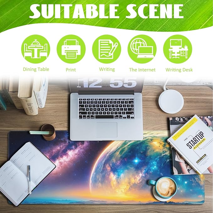 Desk Mat,Galaxy Earth Planet Desk Pad,Science Fiction Cosmic Large Gaming Mouse Pad for Desk,Extended Big Computer Keyboard Mouse Pad with Non-Slip Base and Stitched Edge,31.5"x11.8"