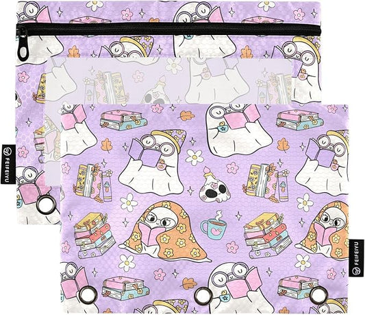 ZAZYXTJ Ghost Binder Pencil Pouchs 3 Ring with Zipper Clear Window Office Organizers bag for School Students Teacher Supplies 2 Pack