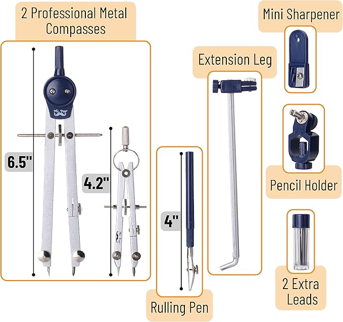 Mr. Pen- Professional Geometry Set Metal Compass, 7 pcs, Geometry Precision Tool Set with Shatterproof Storage Box, Drafting Tools & Drafting Kits, Back to School Supplies