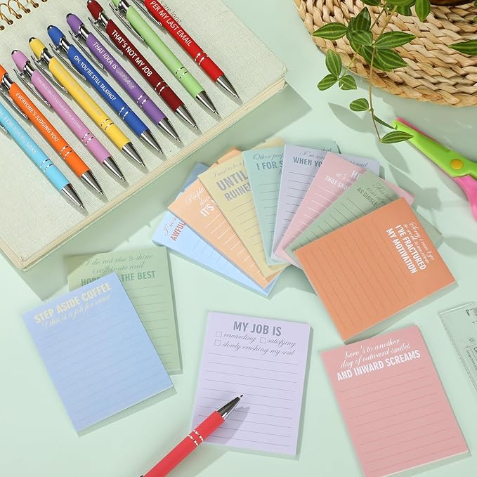 Geyee 24 Pcs Sarcastic Sticky Notes with Funny Pens Fun Notepads for Adults Coworkers Nurse 3 x 4 Inch to Do List Notepads with Sayings Pen for Lab Week Gifts Teacher Office Supplies