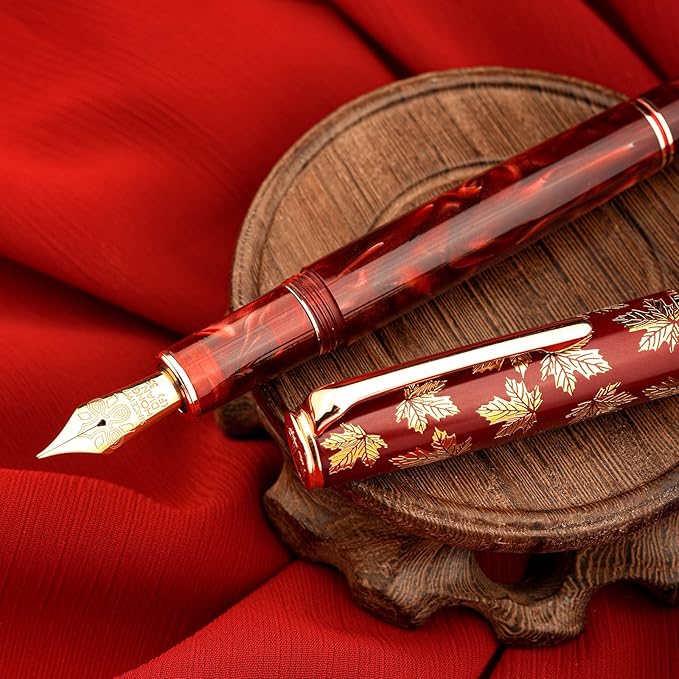 Hongdian N8 Red Acrylic Resin Fountain Pen, Iridium Extra Fine Nib Rose Gold Trim Maple Leaf Carving Cap, Smooth Writing Pen with Converter and Metal Pen Box Set