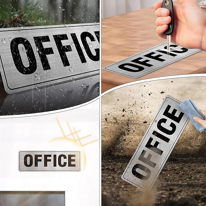Office Sign Aluminum Silver 9 x 3 Inches Self-Adhesive Waterproof Metal Door Wall Sign for Business Offices 4 Pack