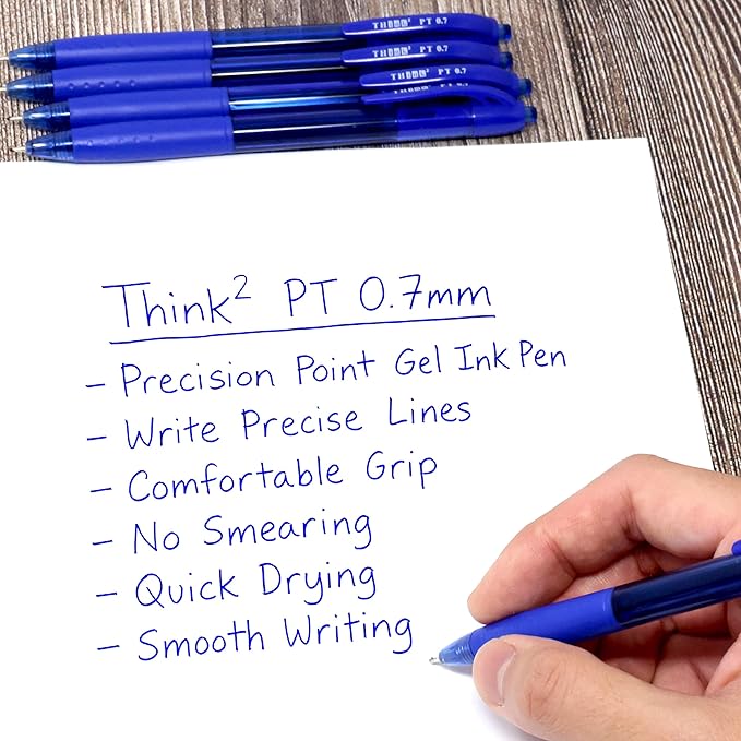 THINK2MASTER [24 Pens - Blue Ink Think2 0.7mm Precision Tip Gel Pens. (24 Blue) Fine Point Small Rollerball Pens with Smooth Quick Drying Ink.