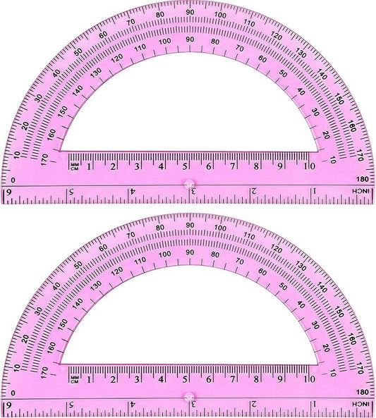 Zonon 2 Pcs 6 Inch Plastic Protractor Math Protractors 180 Degrees Angle Measurement, Translucent for Geometry Classroom Kid Student School Office Supplies(Pink)