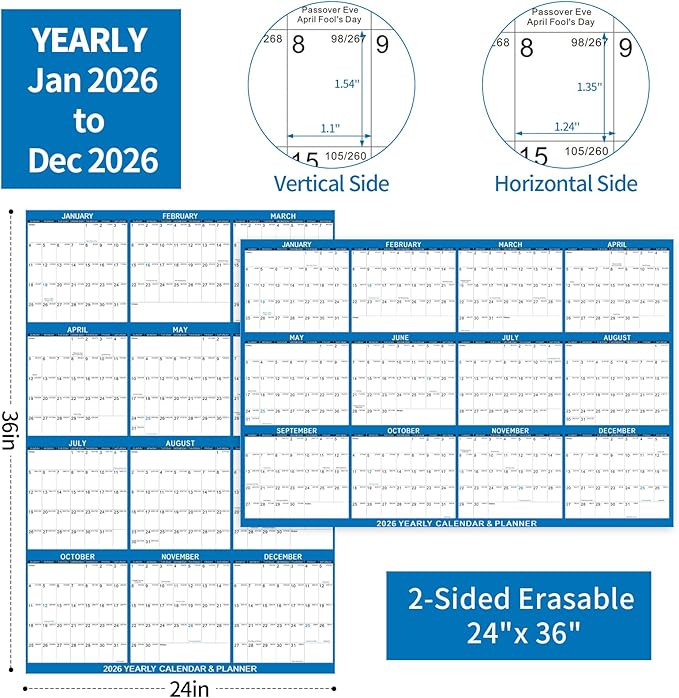 2026 Wall Calendar 24" x 36" Dry Erase Calendar for Wall from January 2026 to December 2026 12 Month Annual Large Yearly Wall Planner for Office School(Blue)