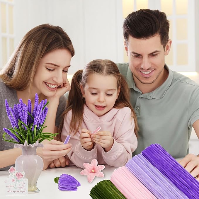 400 Pcs Chenille Stems Flowers Craft Kit,4 Colors Pipe Cleaners Bulk for DIY Floral Arrangements with Floral Wires, Gardening Tape,Hot Glue Stick,Greeting Card,Bouquet Paper, Stamen & Ribbon