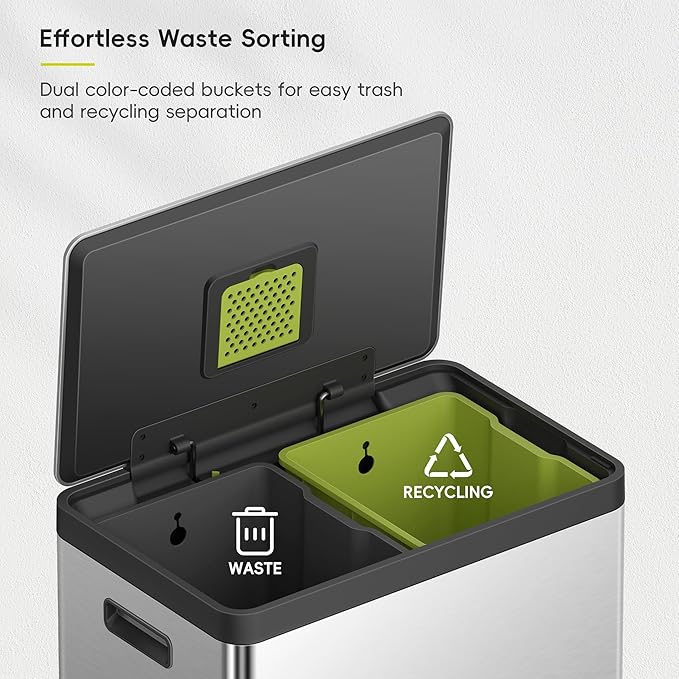 EKO EcoCasa II Rectangular Kitchen Step Trash Can, 20L+20L Dual Compartment Recycling Bins, Stainless Steel Lid and Pedal, Odor-Proof, Fingerprint Resistant