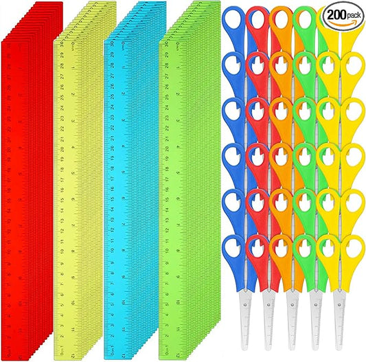 PerKoop 200 Pcs School Supplies with 100 Pcs Safety Blunt Tip Student Scissors 100 Pcs 12 Inch Plastic Rulers Back to School Supply Kit for Operation Christmas Charity Donation Supplies (Cute Color)