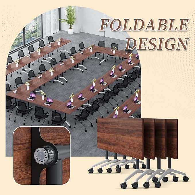 Folding Conference Room Table, Modern Conference Tables with Wheels, Large Rectangular Mobile Training Tables for Office Classroom, Foldable Modular Boardroom Seminar Table (4pack L55.1in)