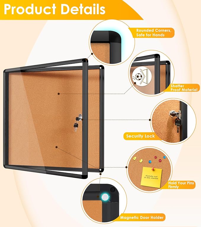 SWANCROWN Lockable Noticeboard Wall-Mounted Bulletin Cork Boards Tamper Proof Information Board Indoor,Black Frame,28x26 inch (6xA4)