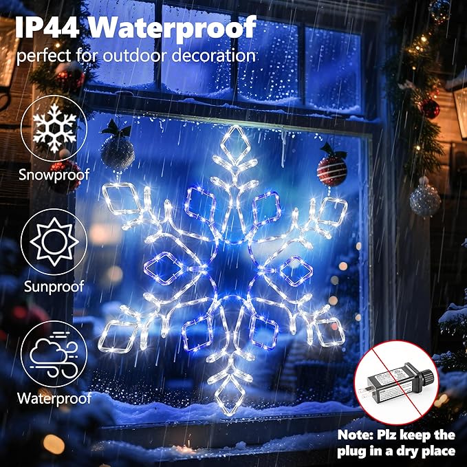 Joomer 35'' Christmas Large Snowflake Lights Decoration Waterproof Outdoor Christmas Lights Super Bright with Timer for Home Party Wall Hanging Light (White & Blue)