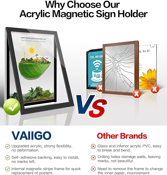 8.5" x 11" Acrylic Magnetic Sign Holder Wall Mount, Self Adhesive Magnetic Display Frame with Nano Tape and Strong Magnetic Border for Wall, Door, Glass, Home, Store, Office (Black, 10Pack)