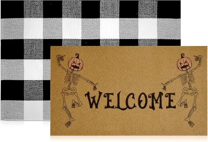 2 Pcs Halloween Welcome Door Mat 30 x 17 Inch Funny Skeleton Welcome Coir Doormats for Front Door Skull Pumpkin Door Mat Non Slip 2-in-1 Buffalo Plaid Rug for Outside Entrance Porch Home Patio Decor