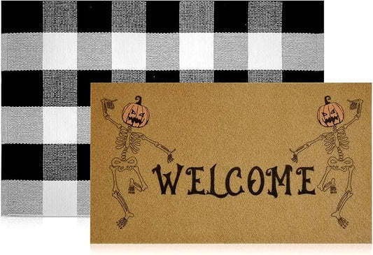 2 Pcs Halloween Welcome Door Mat 30 x 17 Inch Funny Skeleton Welcome Coir Doormats for Front Door Skull Pumpkin Door Mat Non Slip 2-in-1 Buffalo Plaid Rug for Outside Entrance Porch Home Patio Decor