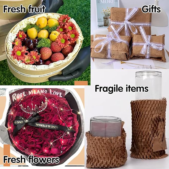 Honeycomb Packing Paper,12" W x 164' L with 24 Fragile Sticker Labels，Eco Friendly Recyclable Packing Paper，Bubble buffer film packaging substitute，for Moving,Products & Gifts Wrapping Paper（Brown）