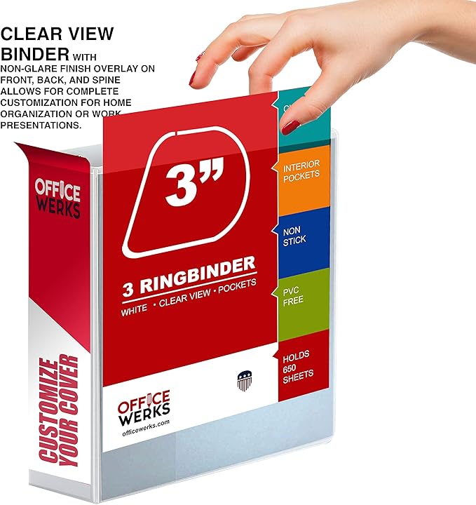 3 Ring Binder, 3" Professional Angle D-Rings, Presentation Folder for Standard Pages with Inside Pockets, Customizable Clear View White Binder (6 Pack)