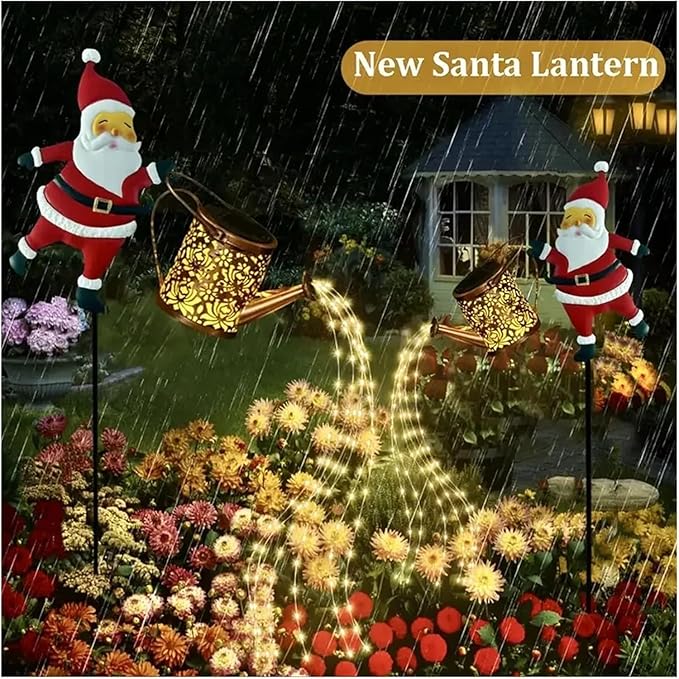 Solar Christmas Lights Outdoor, Waterproof Hanging Metal Watering Can Light Solar Christmas Decorations, Santa Solar Kettle Lights Holiday Displays for Garden Patio Path Yard Lawn