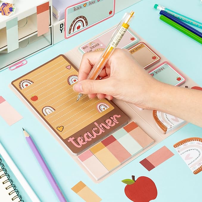 Xqumoi Boho Themed Teacher Sticky Notes Set, 550 Sheets, Thank You for Helping Me Grow Self-Stick Note Pads Teacher Appreciation Gift Writing Memo Pads Page Marker Back to School Supplies (Brown)