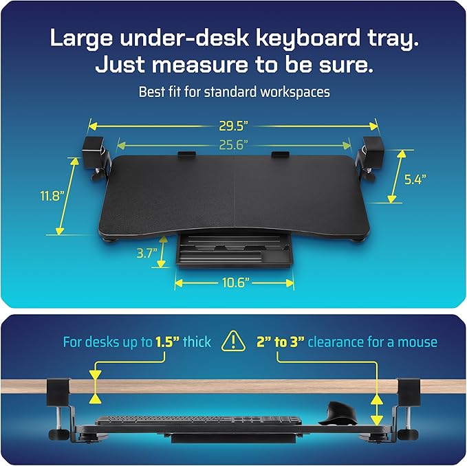 Keyboard Tray | Under Desk Keyboard Tray Slide Out w/Adjustable C-Clamps for Desks Up to 1.5-Inch-Thick | Clamp On Drawer with 1x USB-C to 4 USB-A Hub and 1x Five-Cable Management Organizer